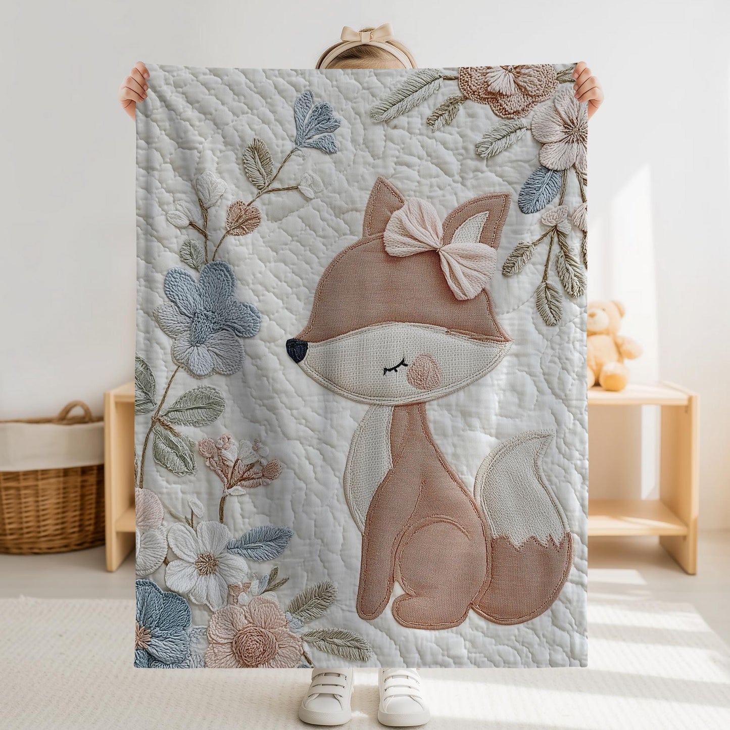 Fox baby blanket with an elegant embroidered-look fox and soft florals in muted blue, peach and ivory tones. A cozy neutral nursery blanket and timeless baby gift.