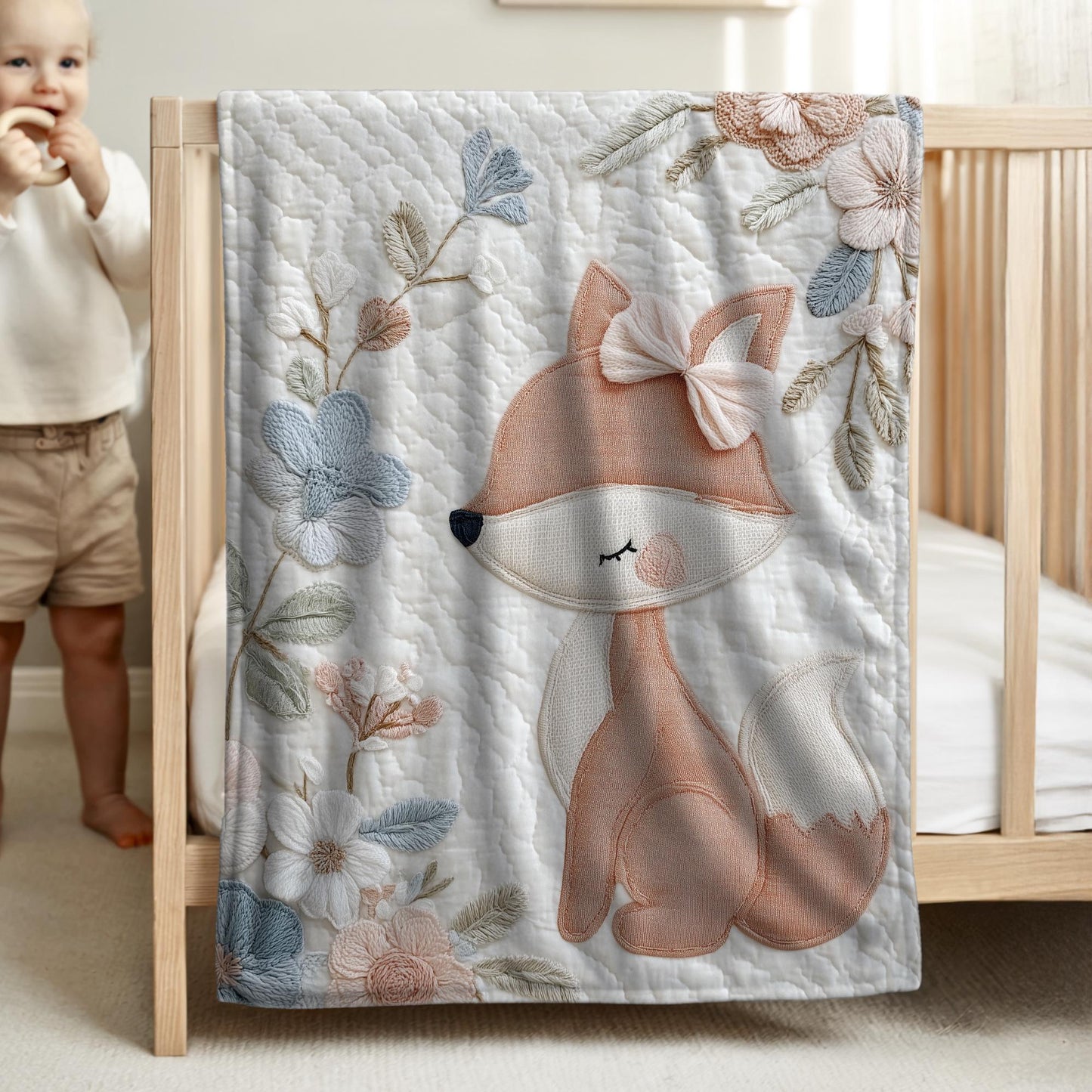 Fox baby blanket with an elegant embroidered-look fox and soft florals in muted blue, peach and ivory tones. A cozy neutral nursery blanket and timeless baby gift.