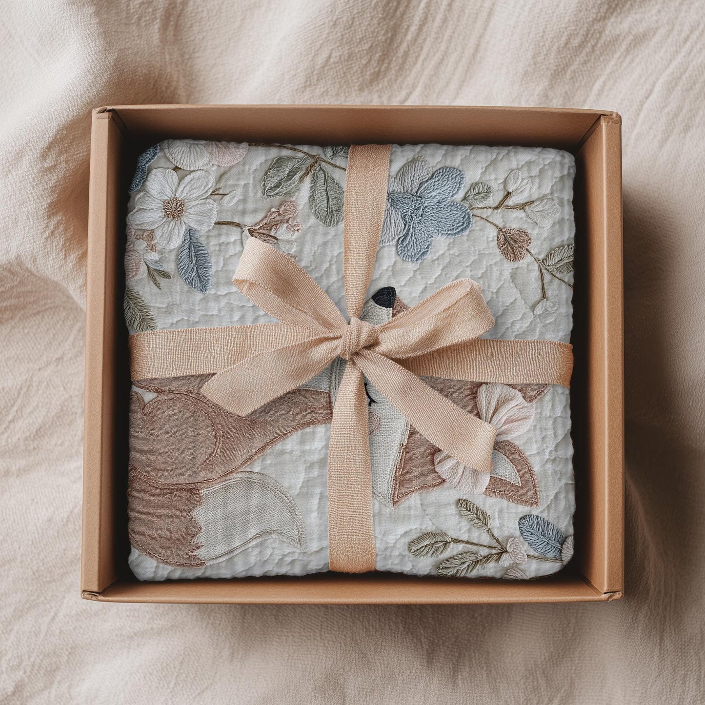 Fox baby blanket with an elegant embroidered-look fox and soft florals in muted blue, peach and ivory tones. A cozy neutral nursery blanket and timeless baby gift.