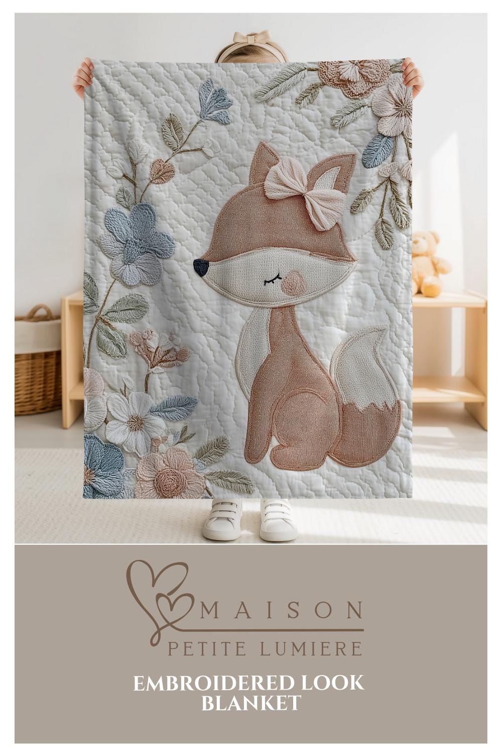 Fox baby blanket with an elegant embroidered-look fox and soft florals in muted blue, peach and ivory tones. A cozy neutral nursery blanket and timeless baby gift.