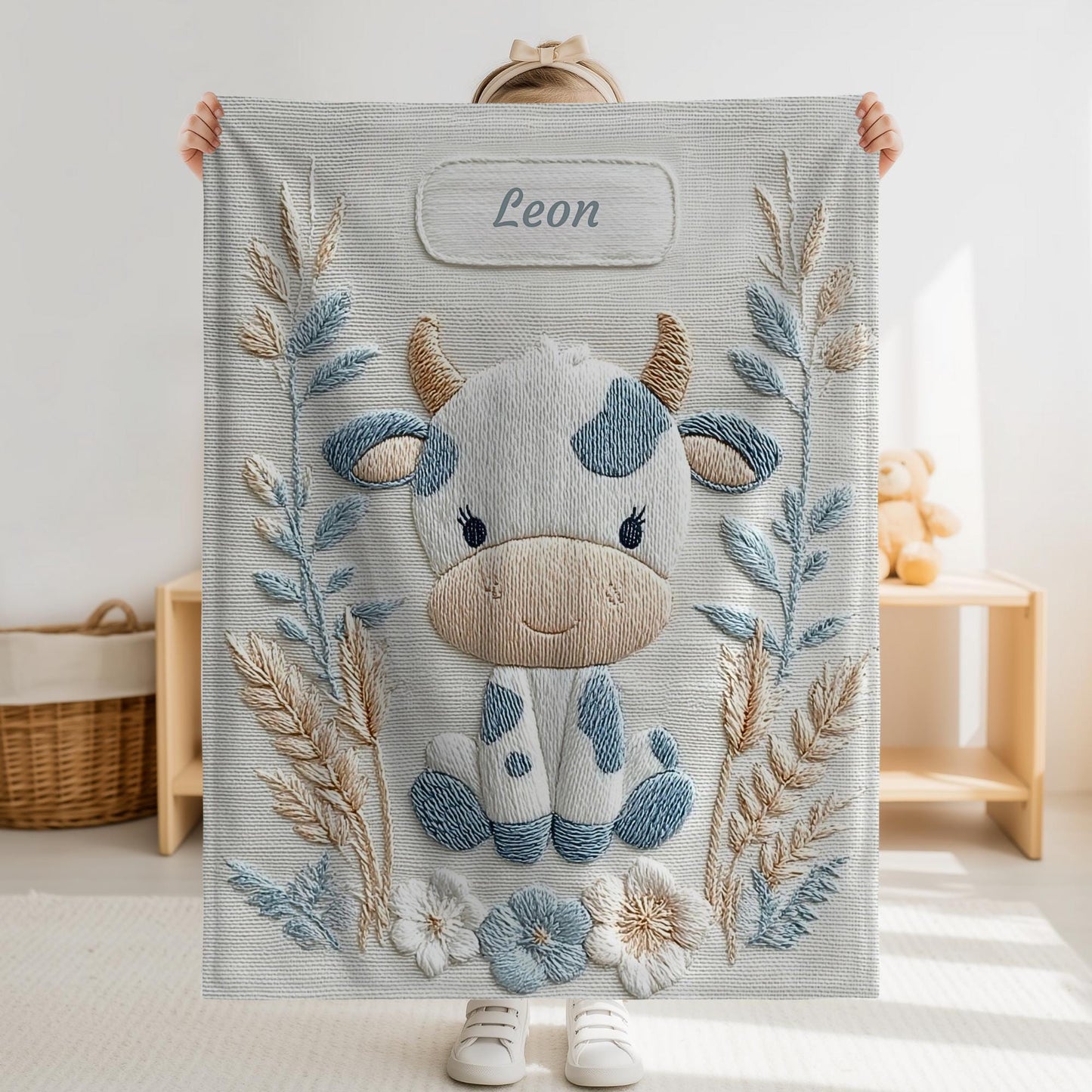 Cow embroidered-look baby blanket with pastel florals. Neutral tones, cozy fabric — a boutique newborn gift for calm, modern nursery decor.