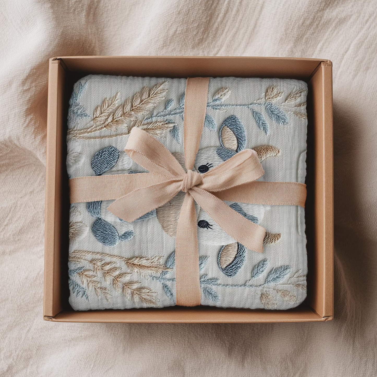 Cow embroidered-look baby blanket with pastel florals. Neutral tones, cozy fabric — a boutique newborn gift for calm, modern nursery decor.