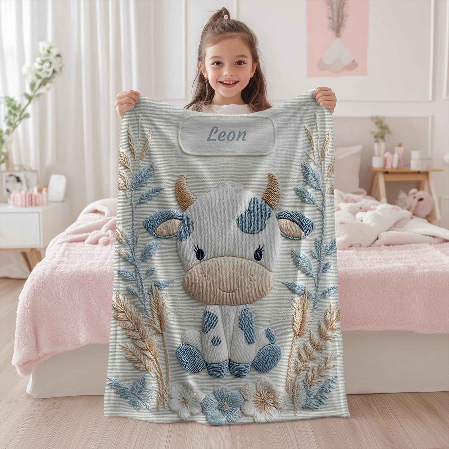 Cow embroidered-look baby blanket with pastel florals. Neutral tones, cozy fabric — a boutique newborn gift for calm, modern nursery decor.