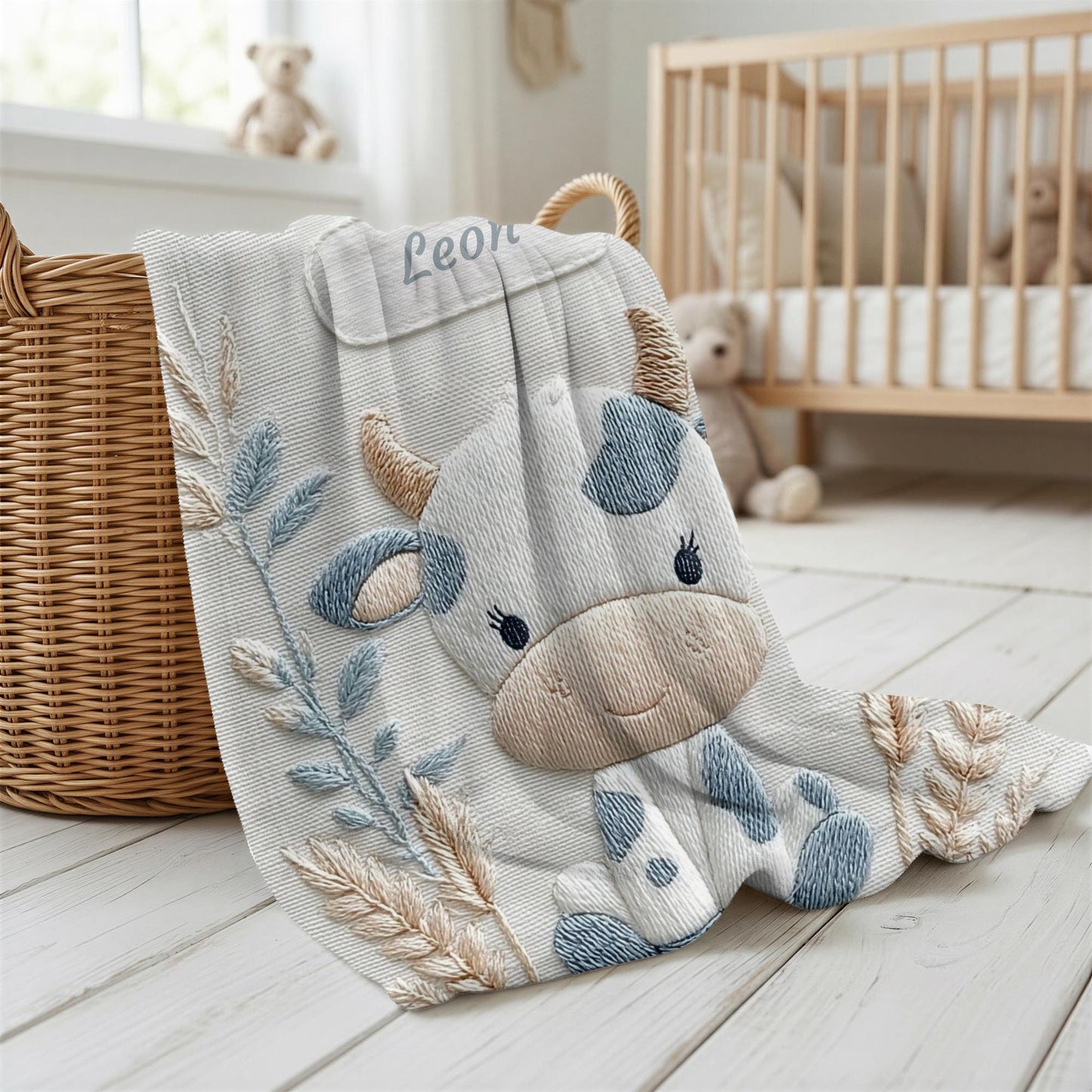 Cow embroidered-look baby blanket with pastel florals. Neutral tones, cozy fabric — a boutique newborn gift for calm, modern nursery decor.