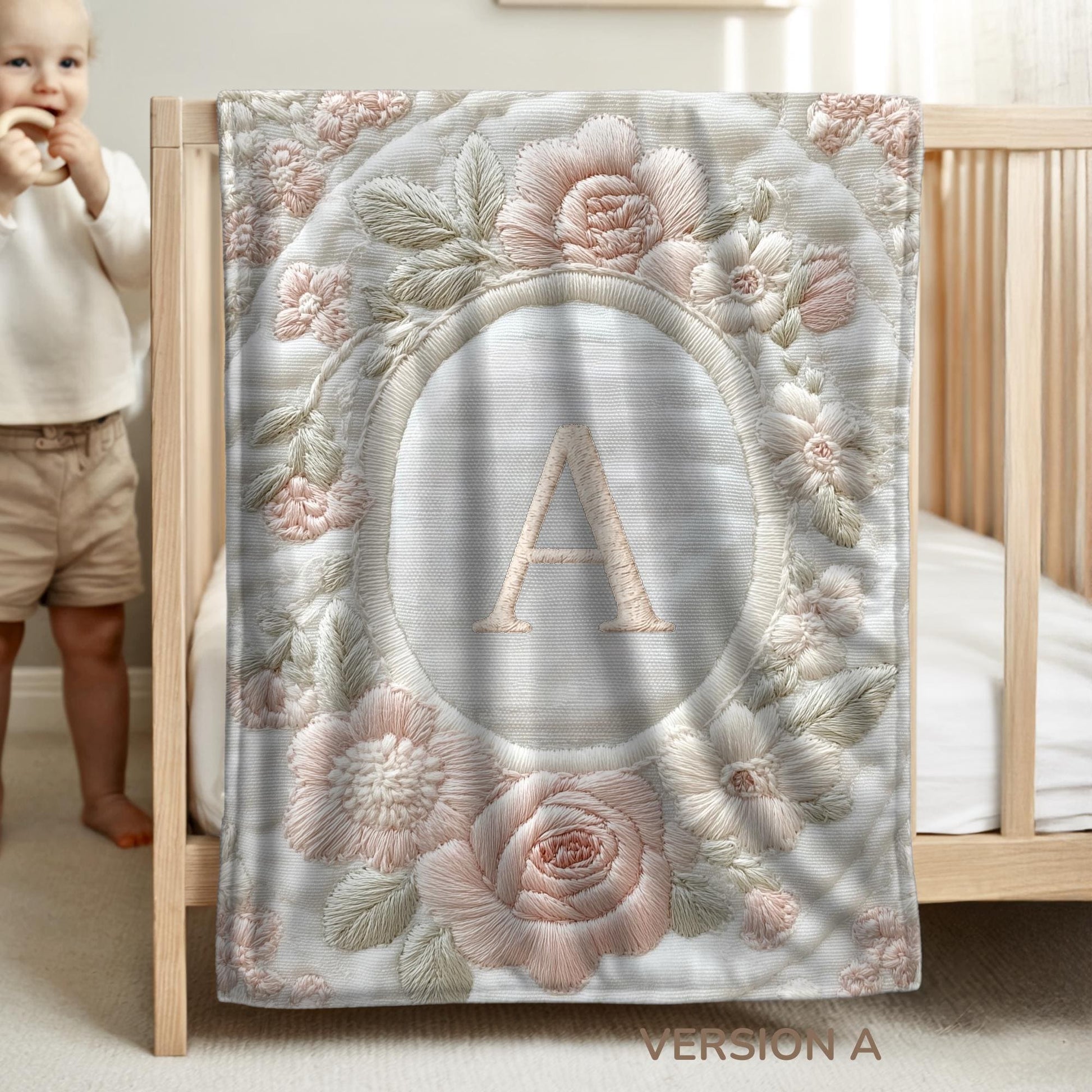 Elegant personalized baby blanket with floral monogram in an embroidered-look style. A timeless, meaningful gift for newborns.