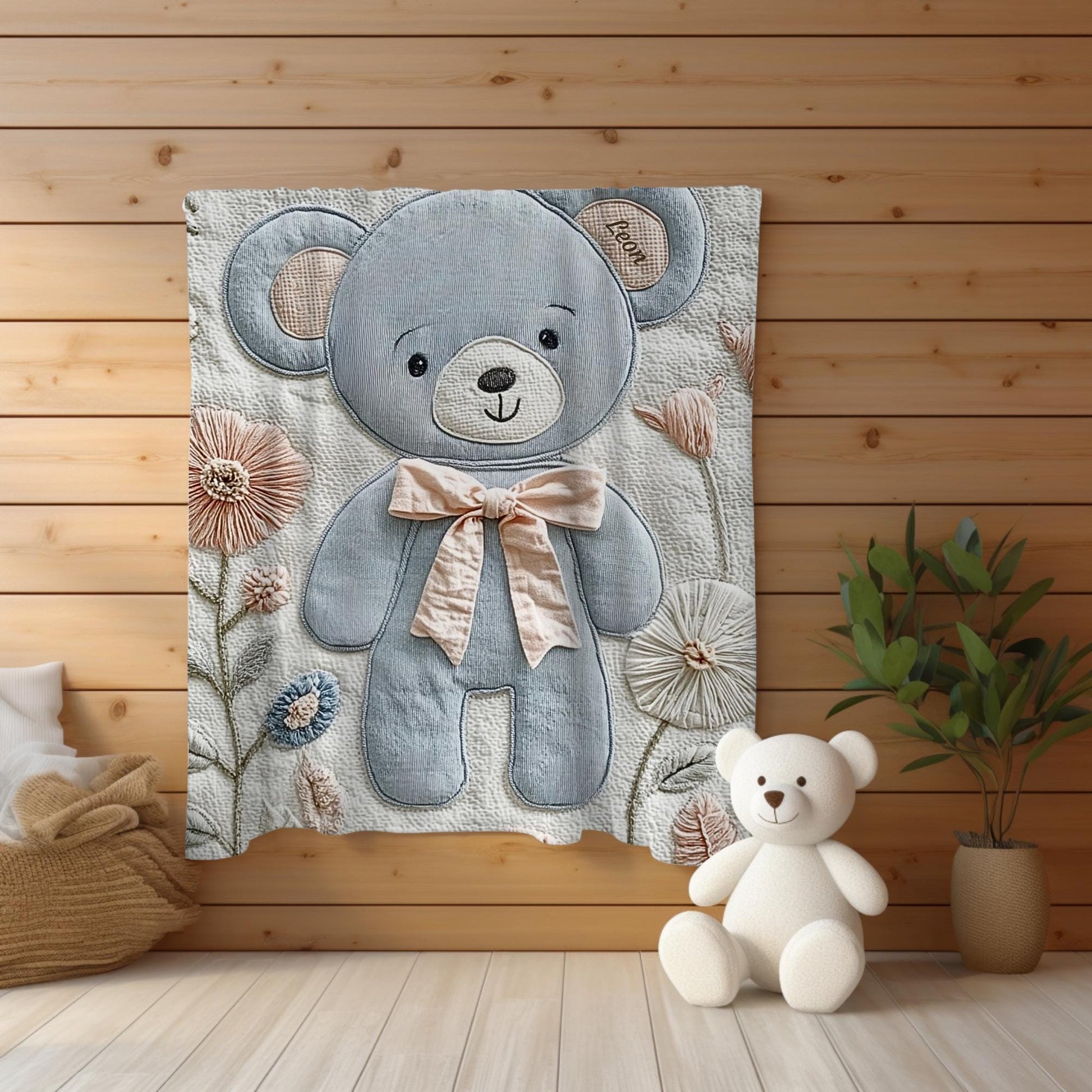 Personalized Embroidered-look teddy bear baby blanket with pastel florals. Neutral tones, cozy fabric — a boutique newborn gift for calm, modern nursery decor.