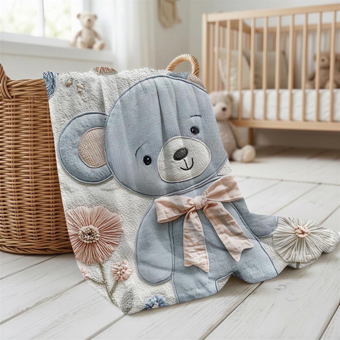 Personalized Embroidered-look teddy bear baby blanket with pastel florals. Neutral tones, cozy fabric — a boutique newborn gift for calm, modern nursery decor.