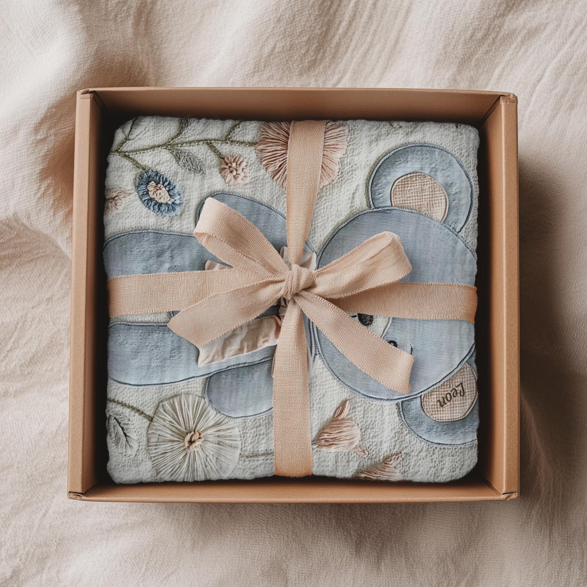 Personalized Embroidered-look teddy bear baby blanket with pastel florals. Neutral tones, cozy fabric — a boutique newborn gift for calm, modern nursery decor.