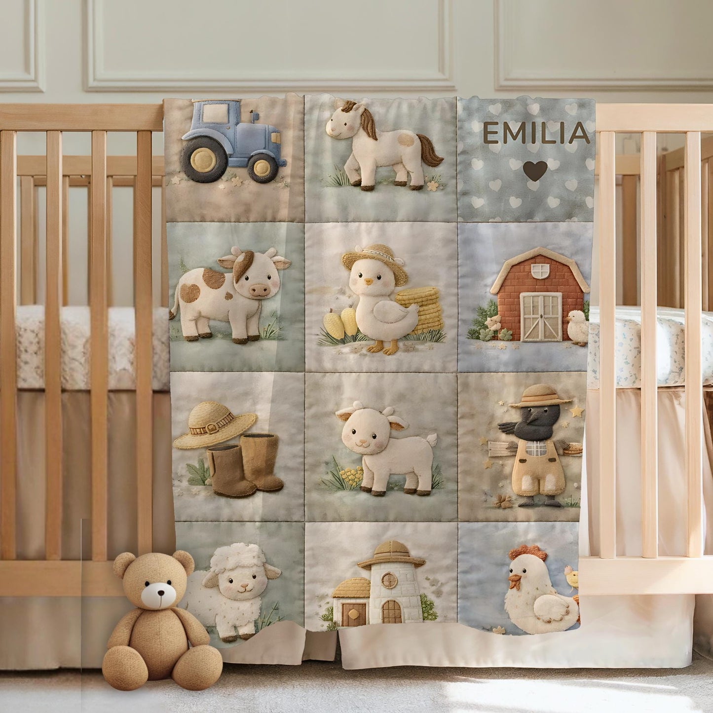 Personalized patchwork look baby blanket with farm quilt design in soft neutral colors. A cozy newborn blanket and timeless boutique baby gift.