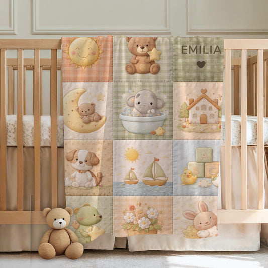 Personalized patchwork look baby blanket with cute nursery animals and quilt style design in soft neutral colors. A cozy newborn blanket and boutique baby gift.
