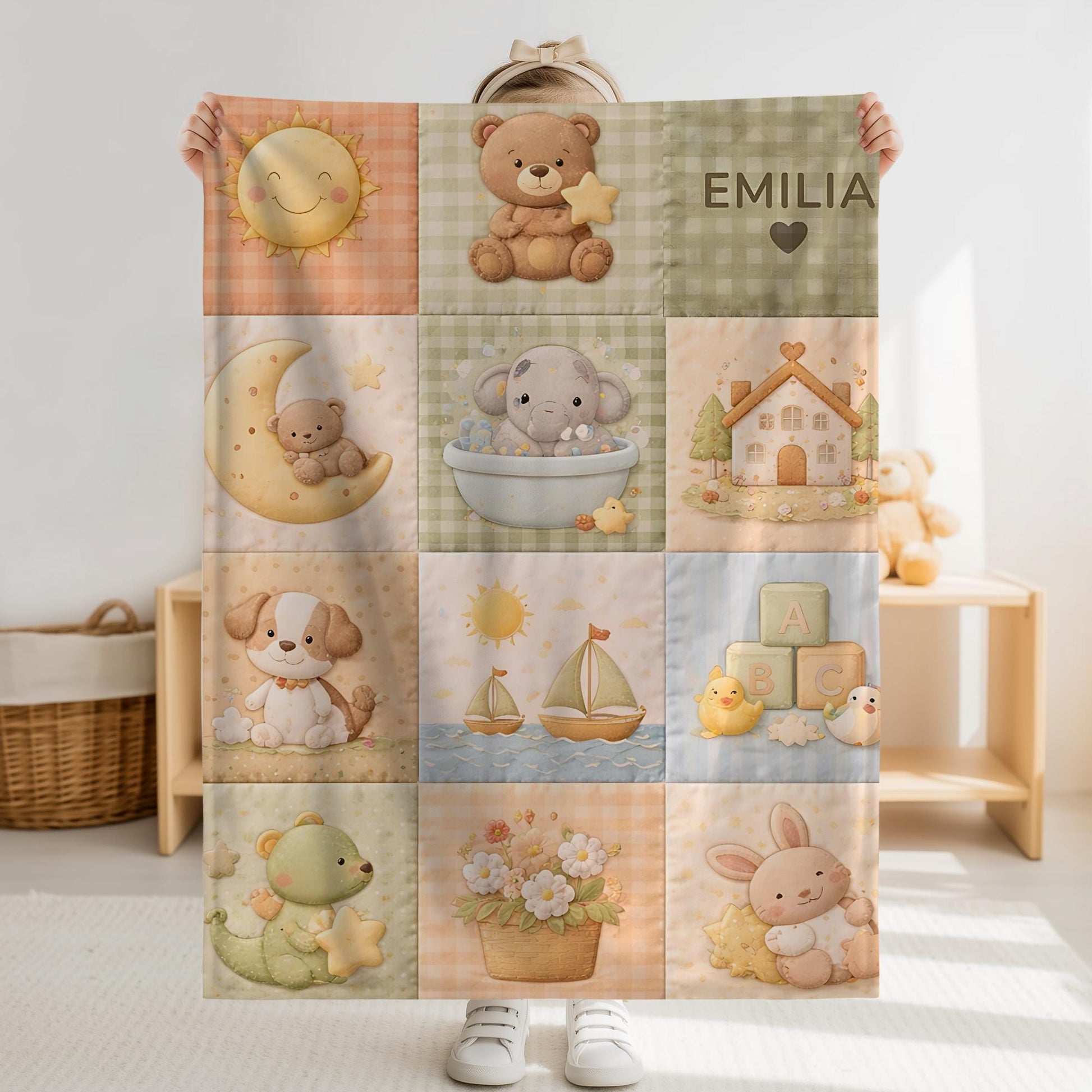 Personalized patchwork look baby blanket with cute nursery animals and quilt style design in soft neutral colors. A cozy newborn blanket and boutique baby gift.