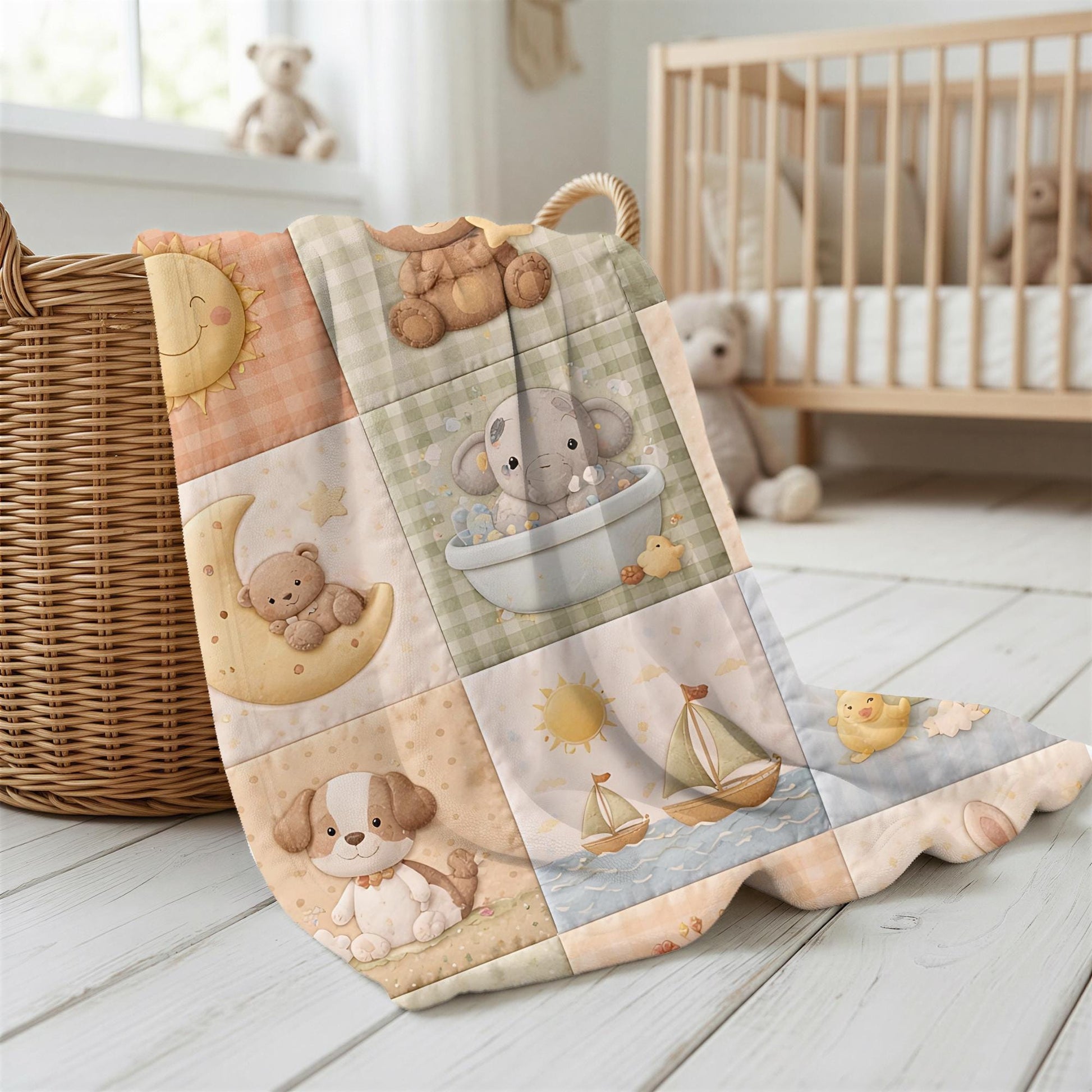 Personalized patchwork look baby blanket with cute nursery animals and quilt style design in soft neutral colors. A cozy newborn blanket and boutique baby gift.