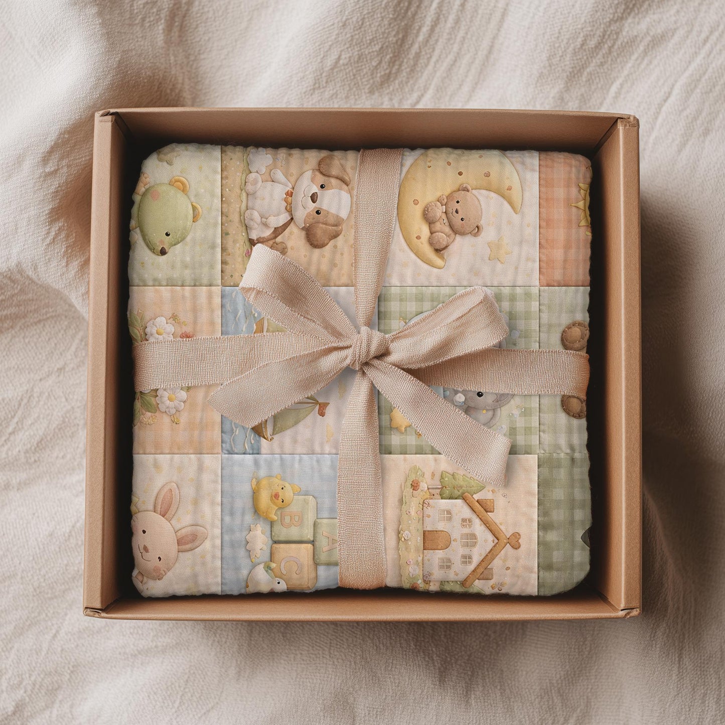 Personalized patchwork look baby blanket with cute nursery animals and quilt style design in soft neutral colors. A cozy newborn blanket and boutique baby gift.