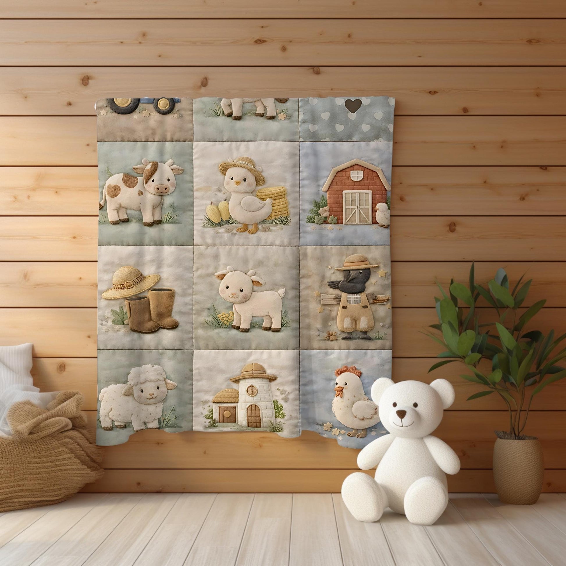 Personalized patchwork look baby blanket with cute nursery animals and quilt style design in soft neutral colors. A cozy newborn blanket and boutique baby gift.
