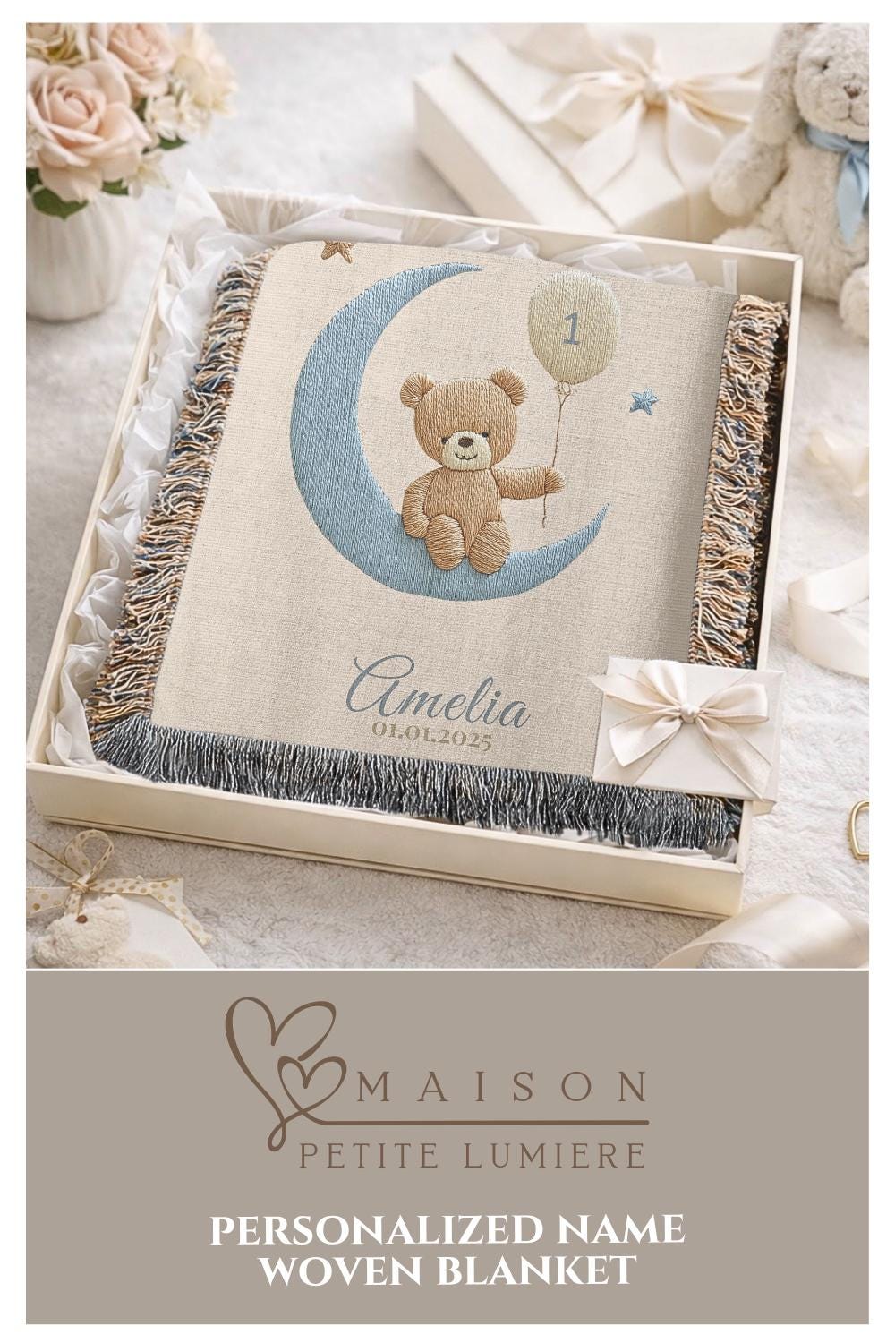 A timeless first birthday keepsake blanket, woven from cotton and personalized with your child’s name and a custom number — made to be gifted and treasured for a lifetime.
