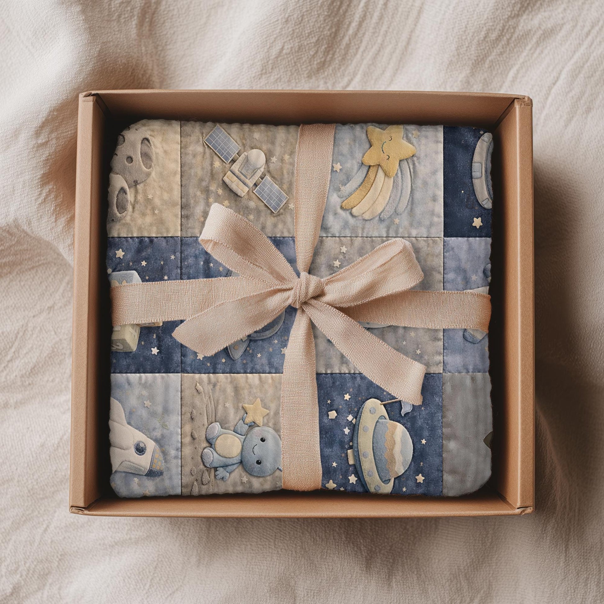 Patchwork Look Babydecke • Weltraum Space Astronaut • Quilt Look • Neutrale Babyzimmer-Deko • Neugeborenen-Decke • Boutique Babygeschenk