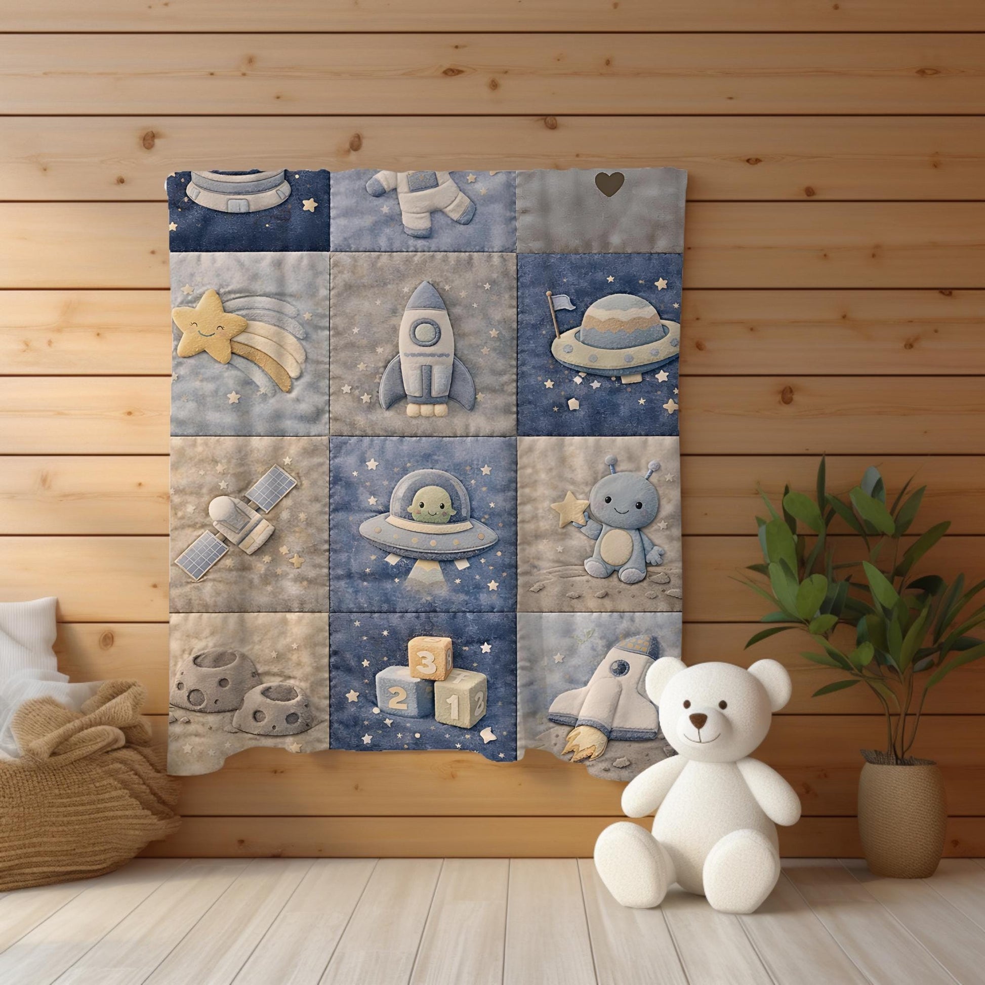 Patchwork Look Babydecke • Weltraum Space Astronaut • Quilt Look • Neutrale Babyzimmer-Deko • Neugeborenen-Decke • Boutique Babygeschenk