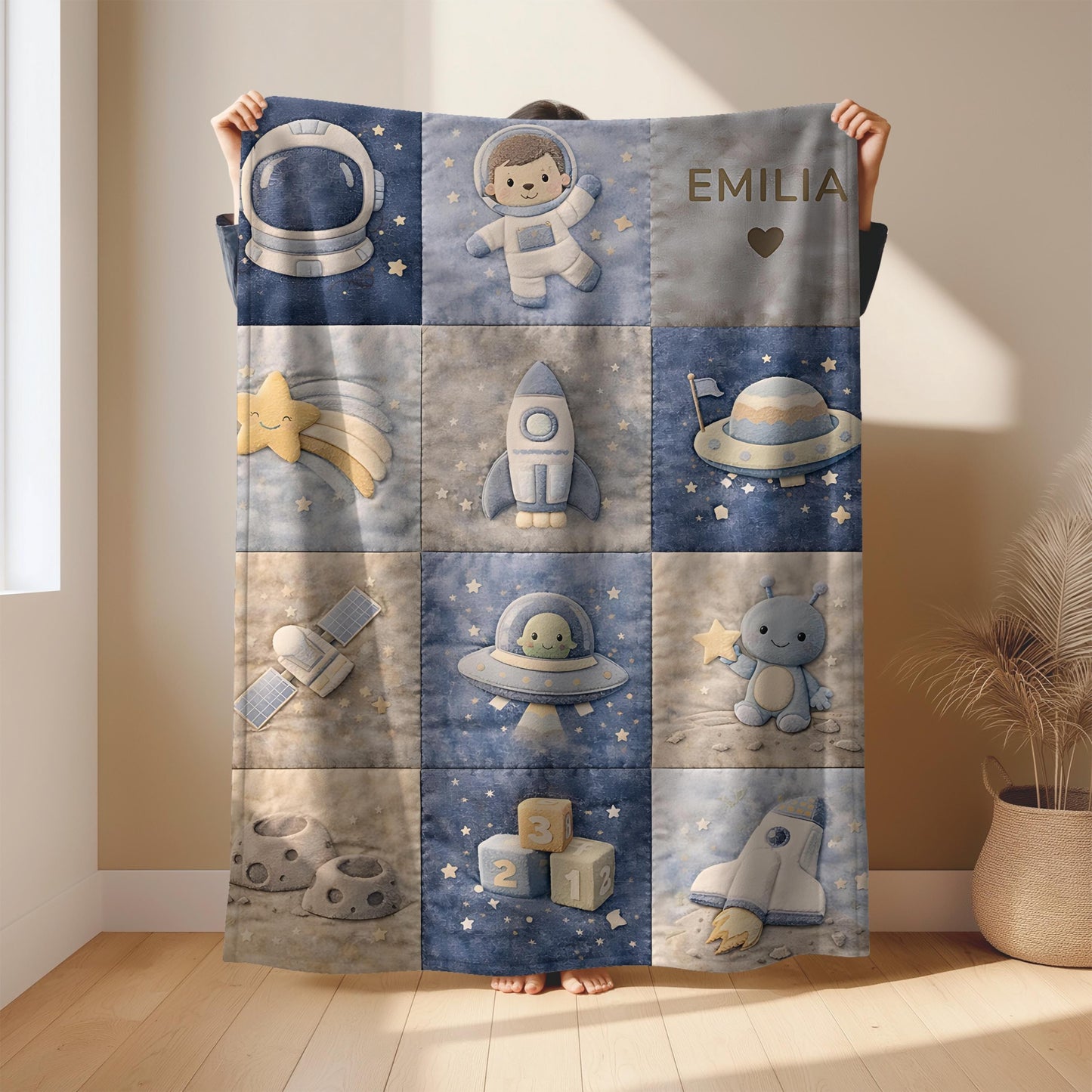 Patchwork Look Babydecke • Weltraum Space Astronaut • Quilt Look • Neutrale Babyzimmer-Deko • Neugeborenen-Decke • Boutique Babygeschenk