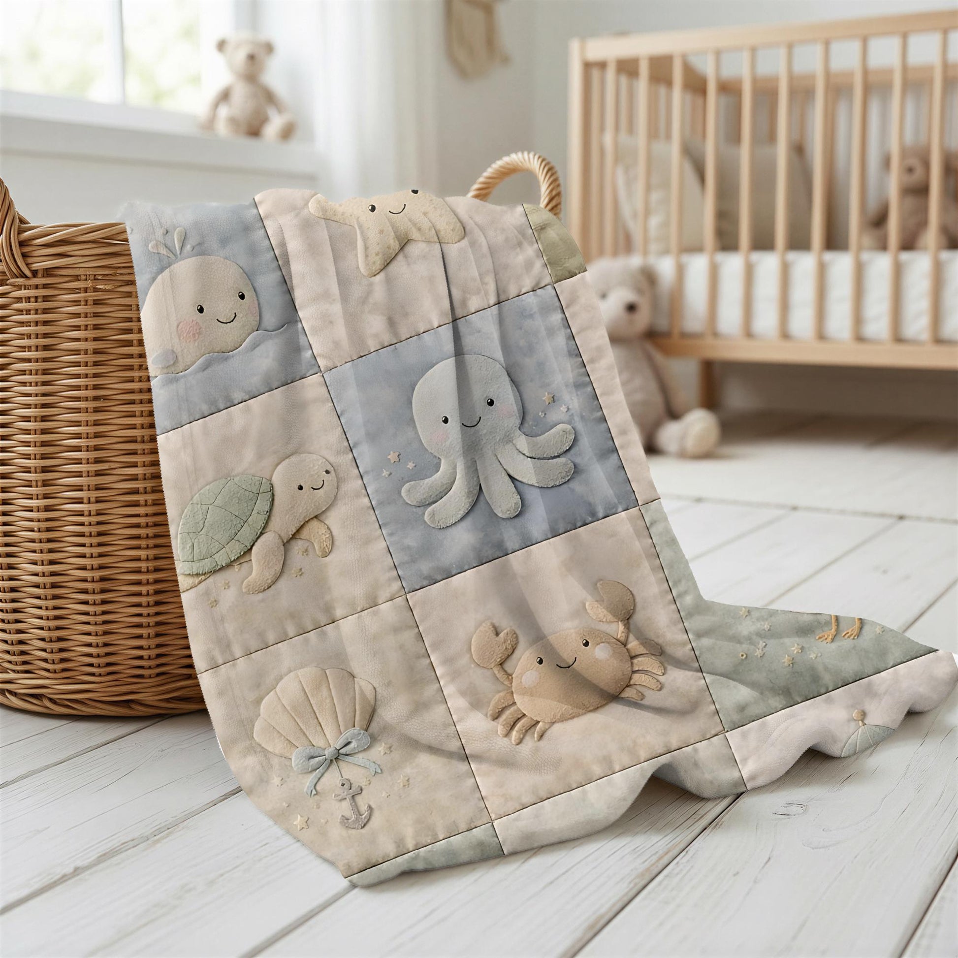 Personalized patchwork look baby blanket with name, crab, whale and octopus in a soft underwater quilt design. Cozy newborn blanket and baby gift.