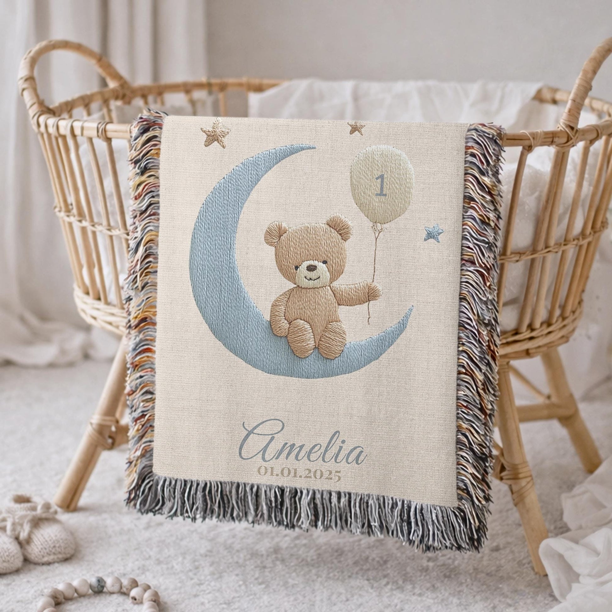 A timeless first birthday keepsake blanket, woven from cotton and personalized with your child’s name and a custom number — made to be gifted and treasured for a lifetime.