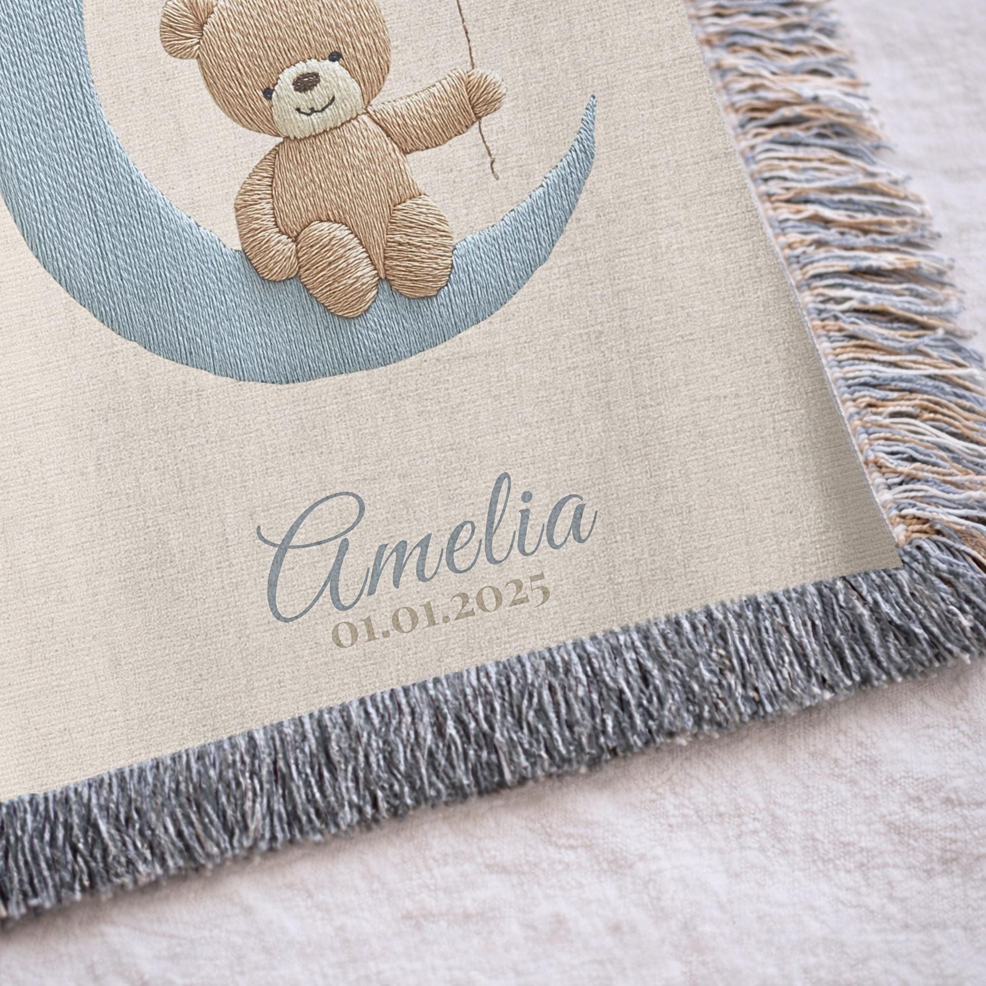 A timeless first birthday keepsake blanket, woven from cotton and personalized with your child’s name and a custom number — made to be gifted and treasured for a lifetime.