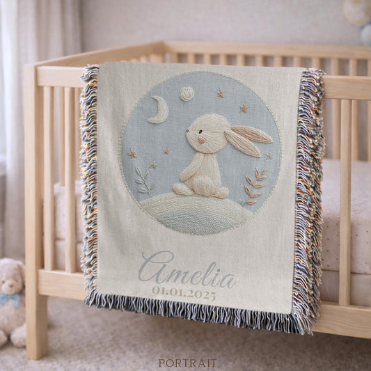 Personalized bunny woven blanket made from 100% cotton.Embroidered-look baby bunny design, custom name &  optional birth date — a calm nursery tapestry and keepsake gift.