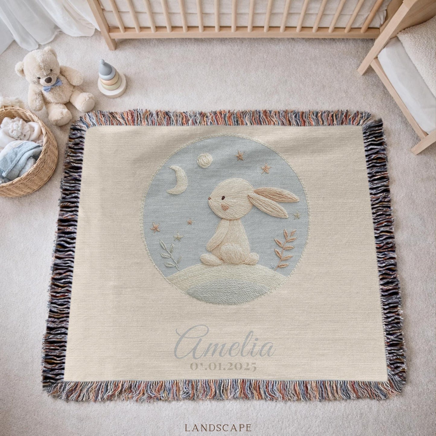 Personalized bunny woven blanket made from 100% cotton.Embroidered-look baby bunny design, custom name &  optional birth date — a calm nursery tapestry and keepsake gift.