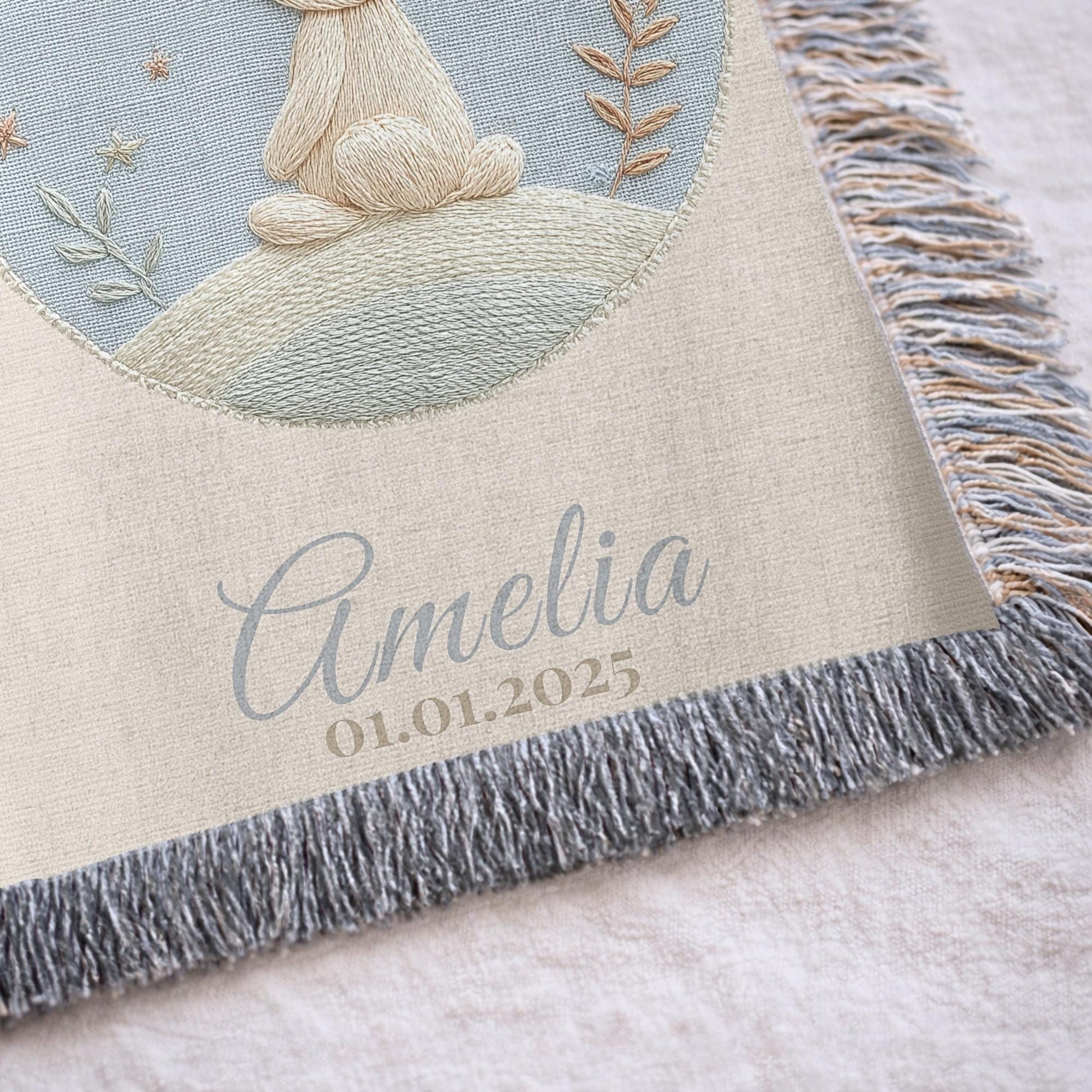 Personalized bunny woven blanket made from 100% cotton.Embroidered-look baby bunny design, custom name &  optional birth date — a calm nursery tapestry and keepsake gift.