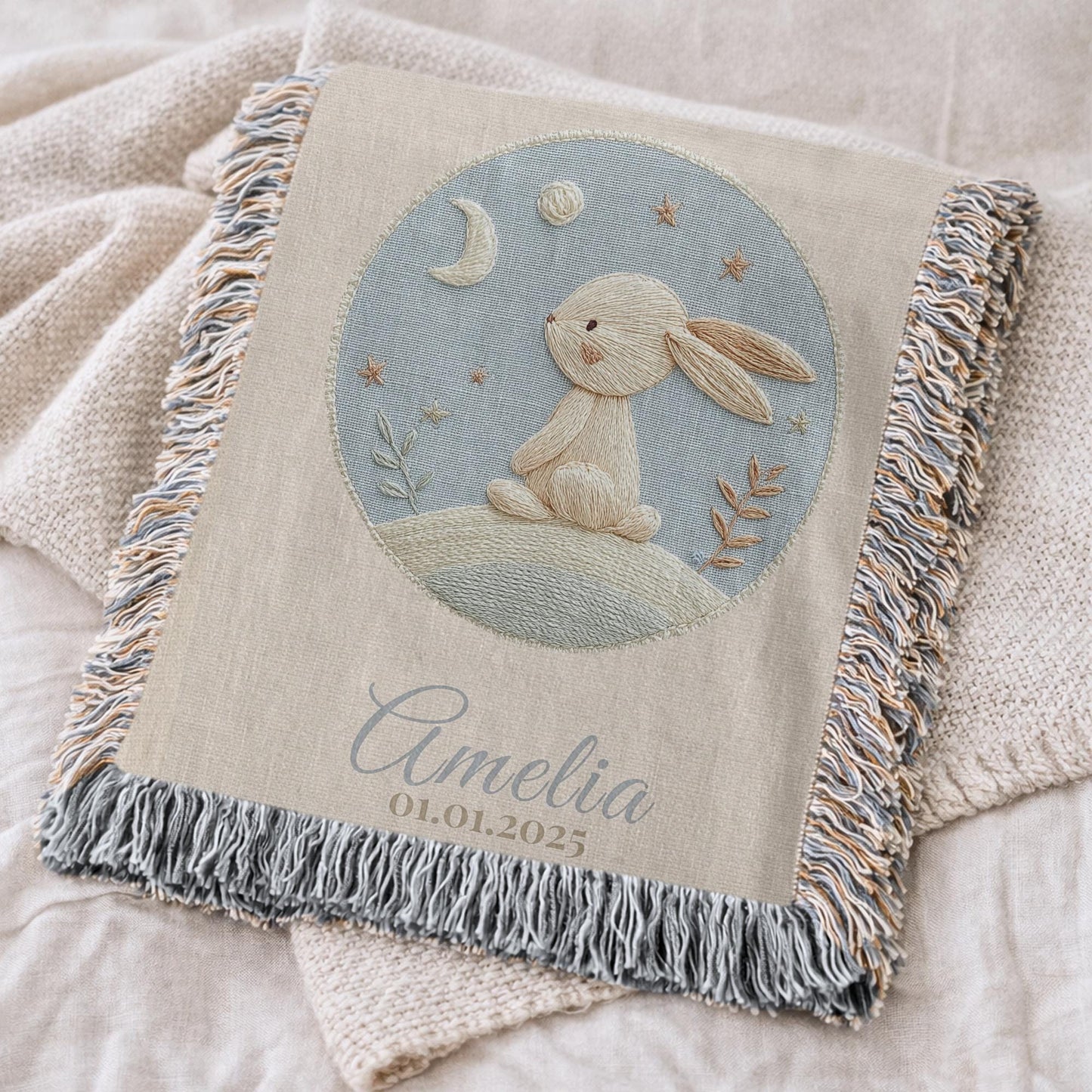 Personalized bunny woven blanket made from 100% cotton.Embroidered-look baby bunny design, custom name &  optional birth date — a calm nursery tapestry and keepsake gift.