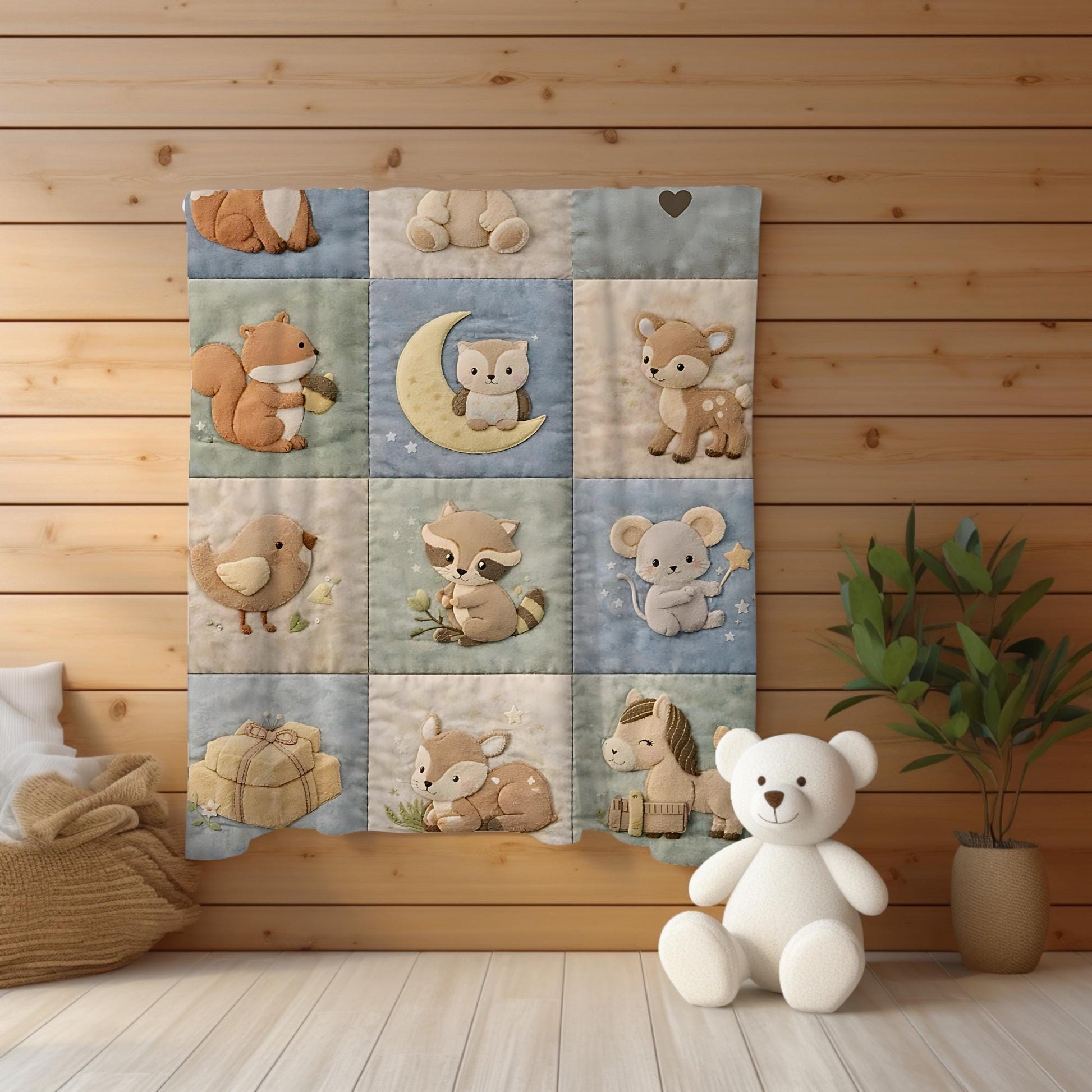 Personalized patchwork look baby blanket with name and sweet woodland animals like fox, deer and bear in a soft quilt style design. Cozy newborn gift.