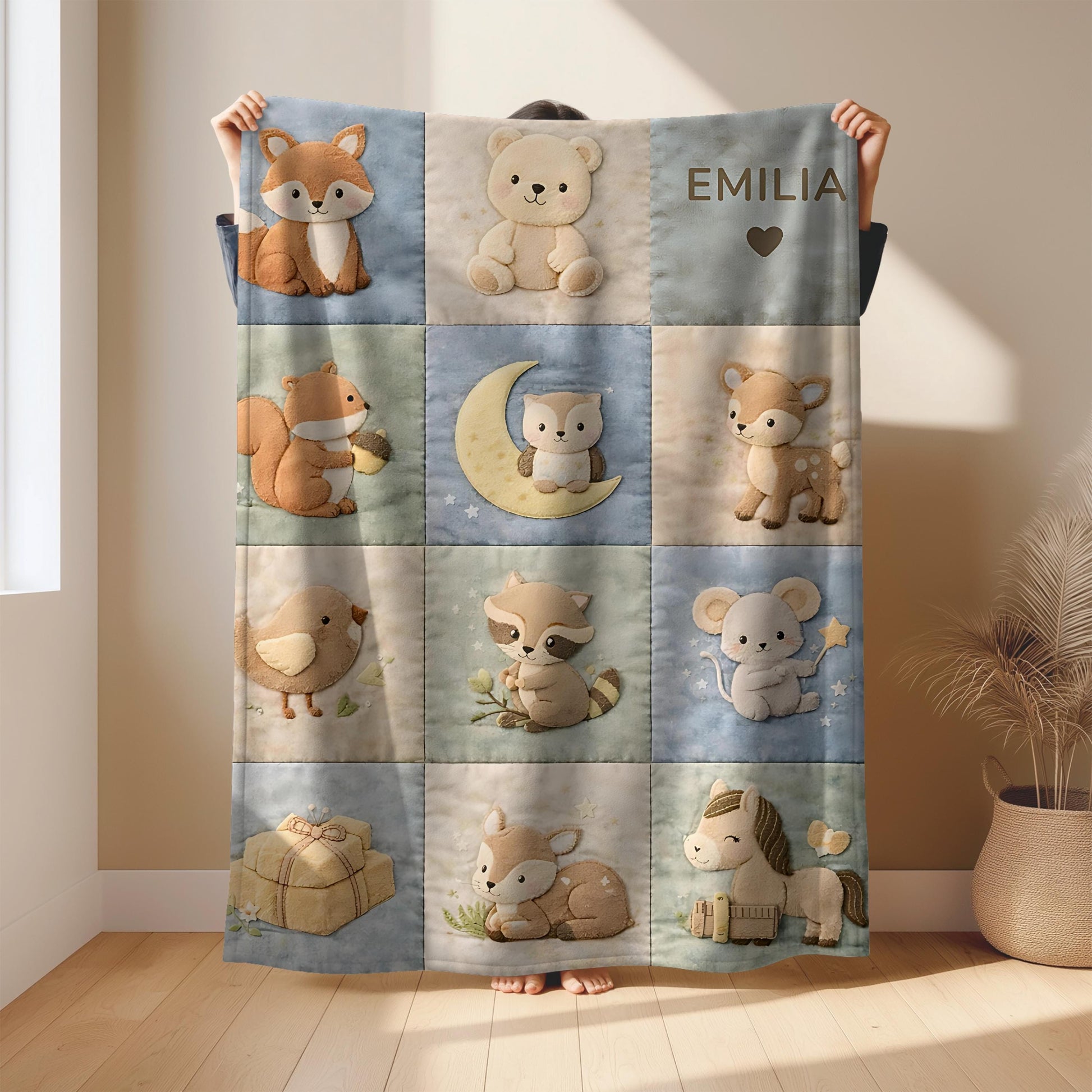 Personalized patchwork look baby blanket with name and sweet woodland animals like fox, deer and bear in a soft quilt style design. Cozy newborn gift.