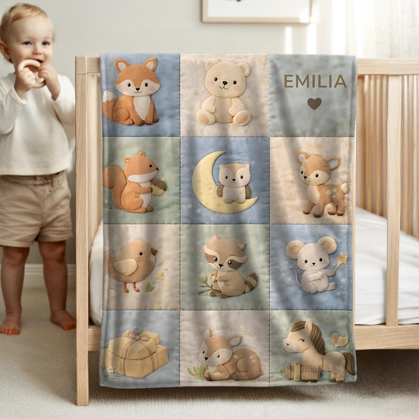 Personalized patchwork look baby blanket with name and sweet woodland animals like fox, deer and bear in a soft quilt style design. Cozy newborn gift.