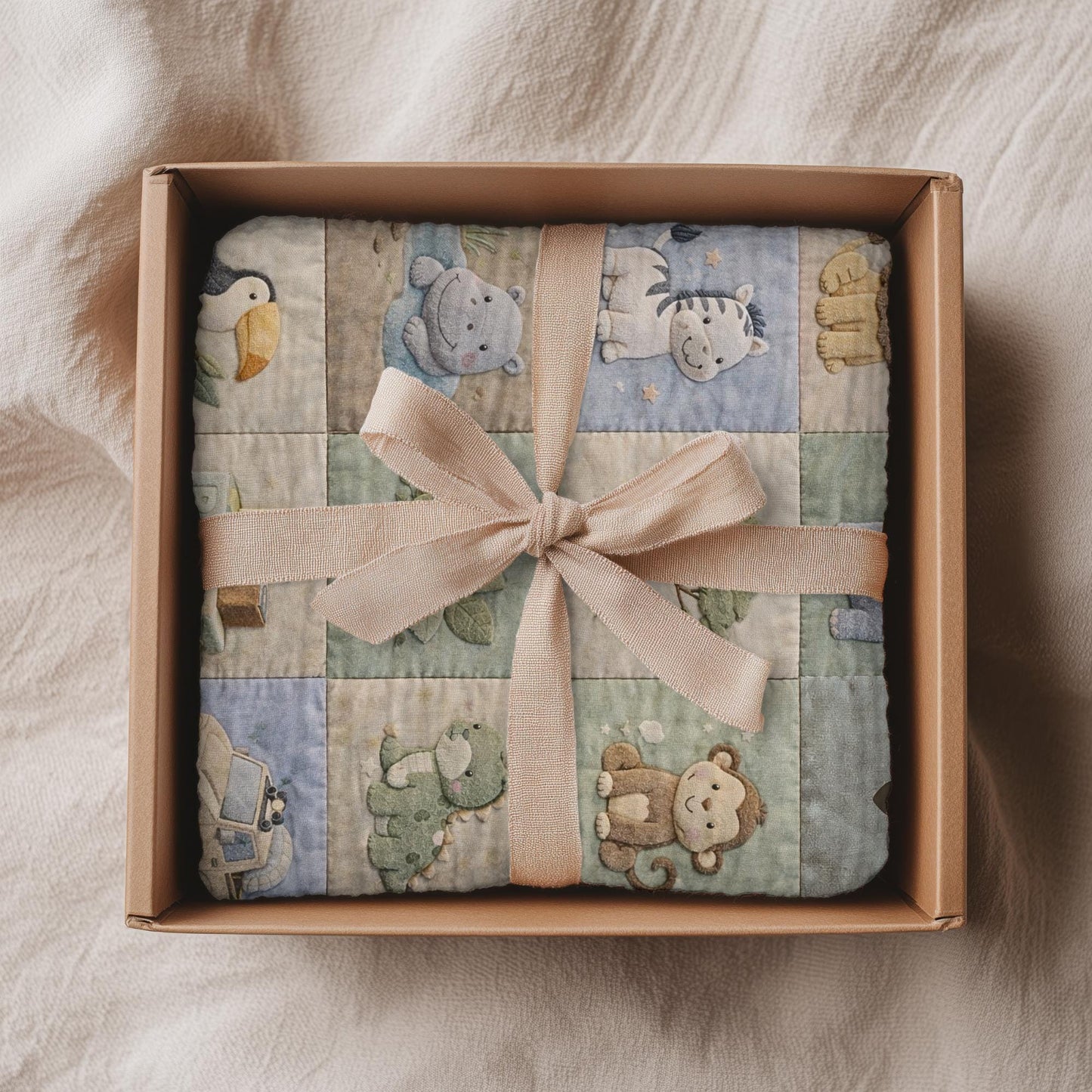 Personalized patchwork look baby blanket with name and sweet safari animals like lion, elephant and monkey in a soft quilt style design.