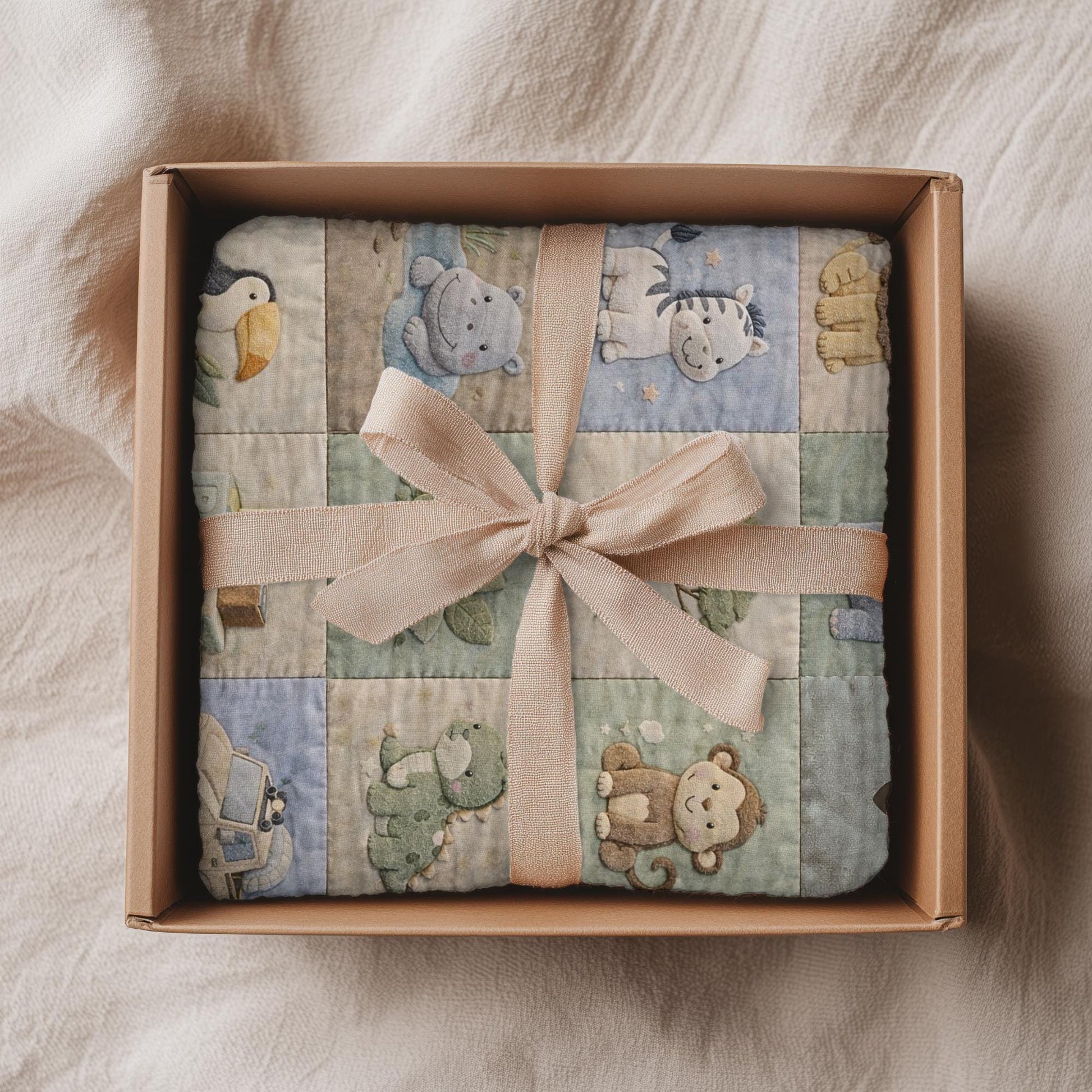 Personalized patchwork look baby blanket with name and sweet safari animals like lion, elephant and monkey in a soft quilt style design.