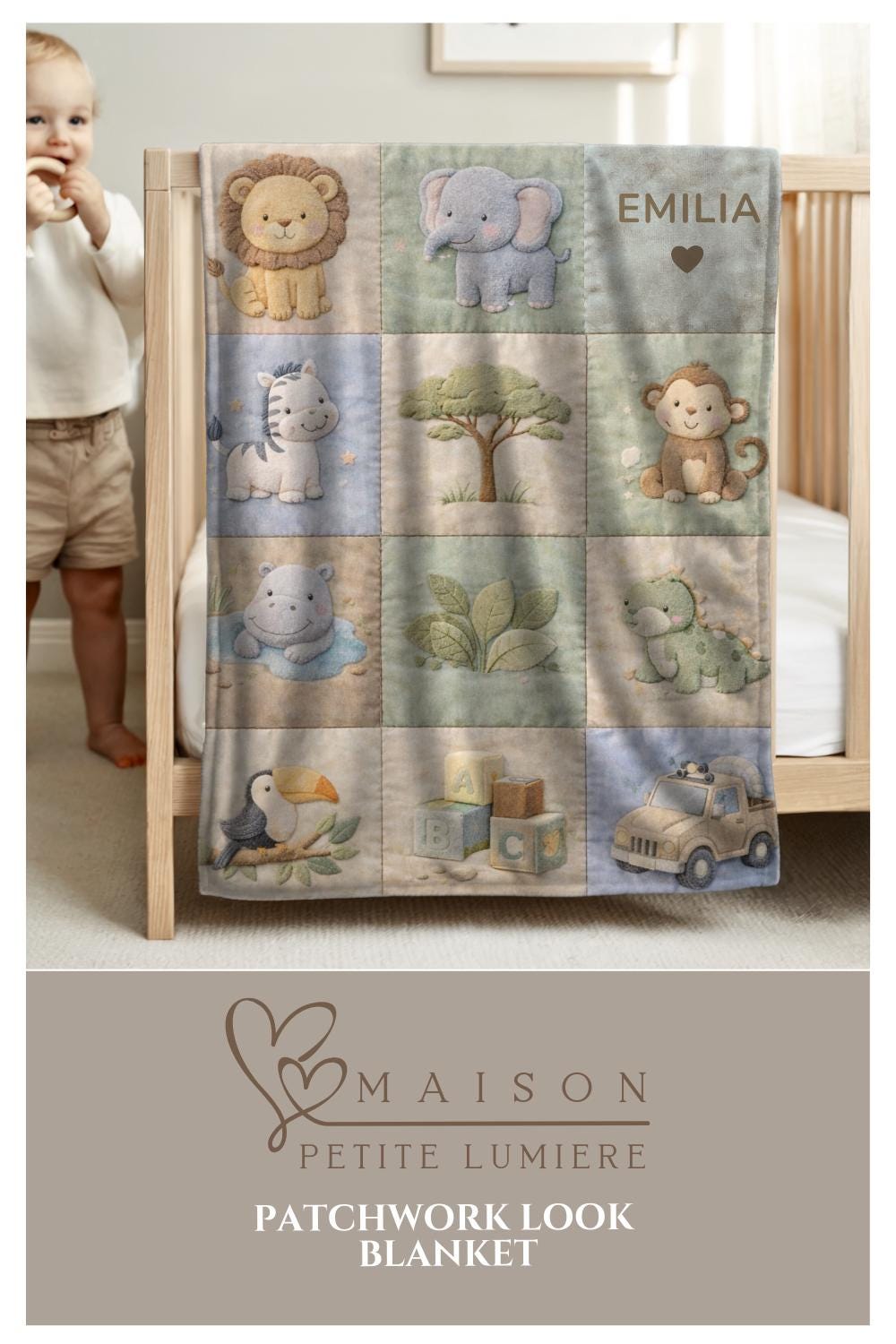 Personalized patchwork look baby blanket with name and sweet safari animals like lion, elephant and monkey in a soft quilt style design.