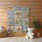 Personalized patchwork look baby blanket with name and sweet safari animals like lion, elephant and monkey in a soft quilt style design.