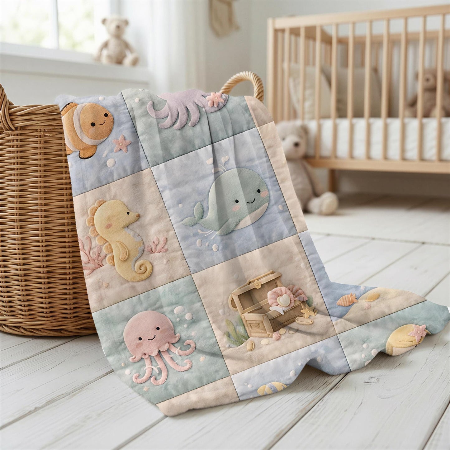 Personalized patchwork look baby blanket with name and sweet underwater motifs like fish, whale, octopus and mermaid in a soft quilt style design.