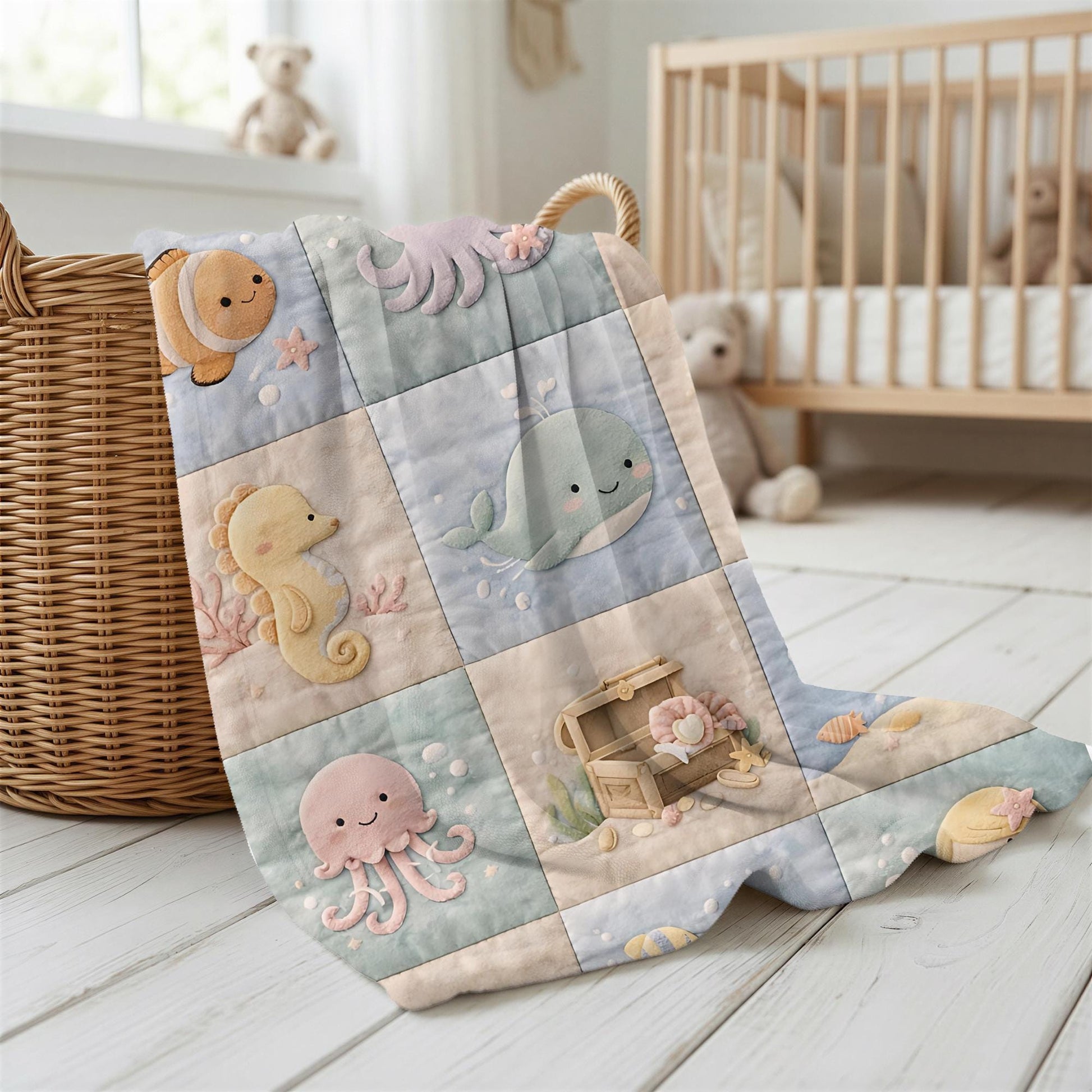 Personalized patchwork look baby blanket with name and sweet underwater motifs like fish, whale, octopus and mermaid in a soft quilt style design.
