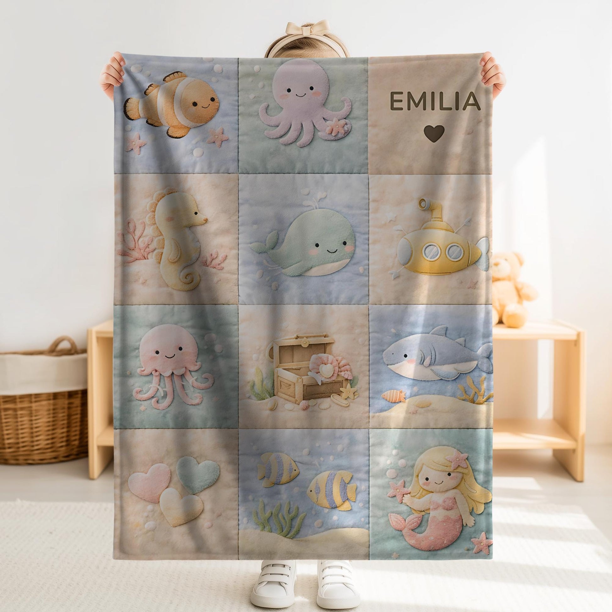 Personalized patchwork look baby blanket with name and sweet underwater motifs like fish, whale, octopus and mermaid in a soft quilt style design.