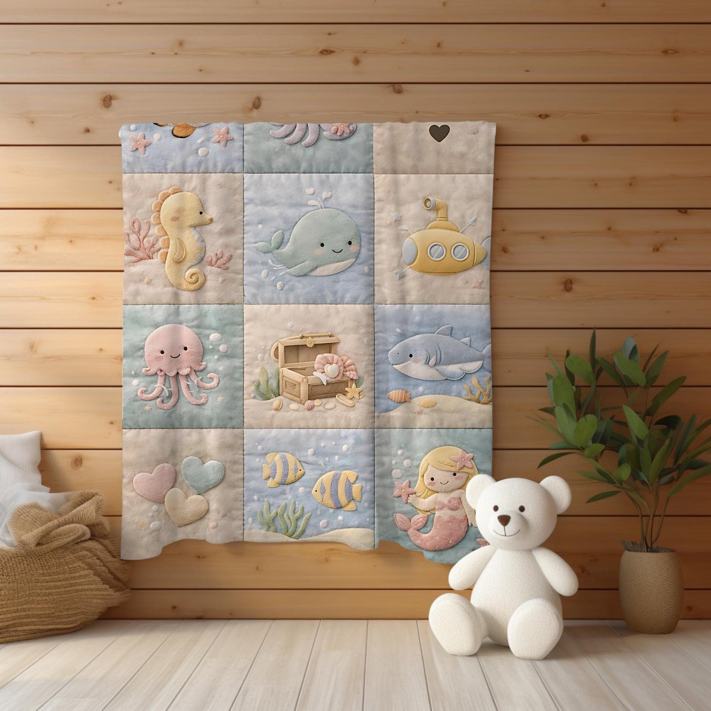 Personalized patchwork look baby blanket with name and sweet underwater motifs like fish, whale, octopus and mermaid in a soft quilt style design.