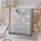 Personalized elephant woven blanket made from 100% cotton. A soft sky-themed nursery design featuring a baby elephant floating with balloons, woven in an embroidered-look finish — custom name and optional birth date included.