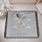 Personalized elephant woven blanket made from 100% cotton. A soft sky-themed nursery design featuring a baby elephant floating with balloons, woven in an embroidered-look finish — custom name and optional birth date included.