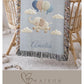 Personalized elephant woven blanket made from 100% cotton. A soft sky-themed nursery design featuring a baby elephant floating with balloons, woven in an embroidered-look finish — custom name and optional birth date included.