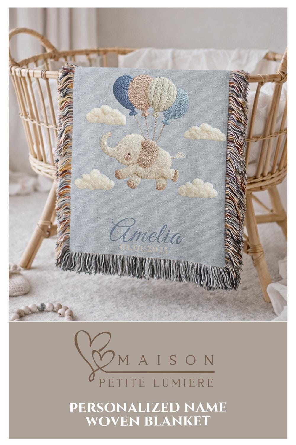 Personalized elephant woven blanket made from 100% cotton. A soft sky-themed nursery design featuring a baby elephant floating with balloons, woven in an embroidered-look finish — custom name and optional birth date included.