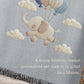 Personalized elephant woven blanket made from 100% cotton. A soft sky-themed nursery design featuring a baby elephant floating with balloons, woven in an embroidered-look finish — custom name and optional birth date included.