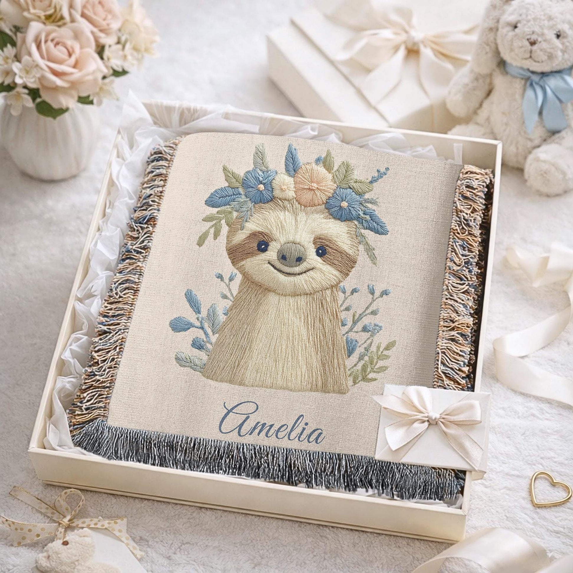 Woven cotton baby blanket with a calm sloth design. Personalized with name, neutral nursery decor and a timeless heirloom newborn gift.