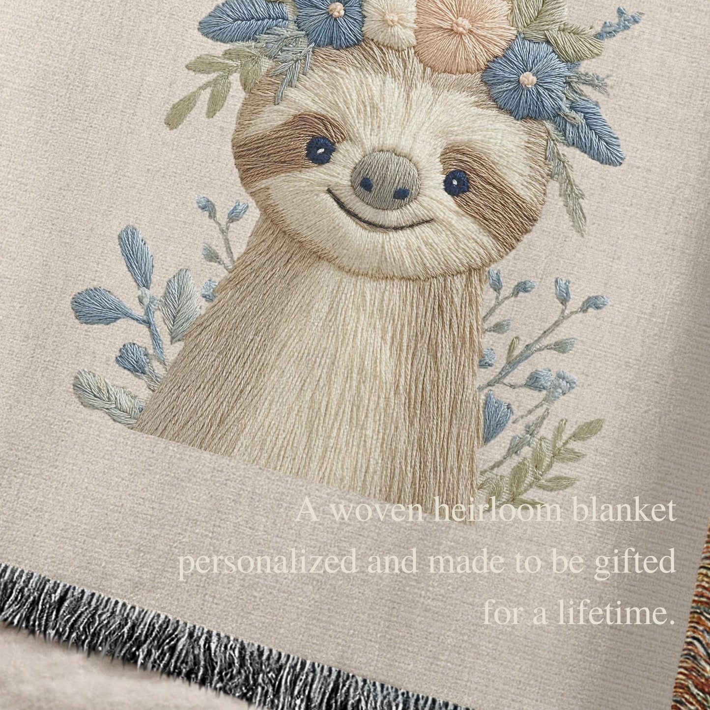 Woven cotton baby blanket with a calm sloth design. Personalized with name, neutral nursery decor and a timeless heirloom newborn gift.