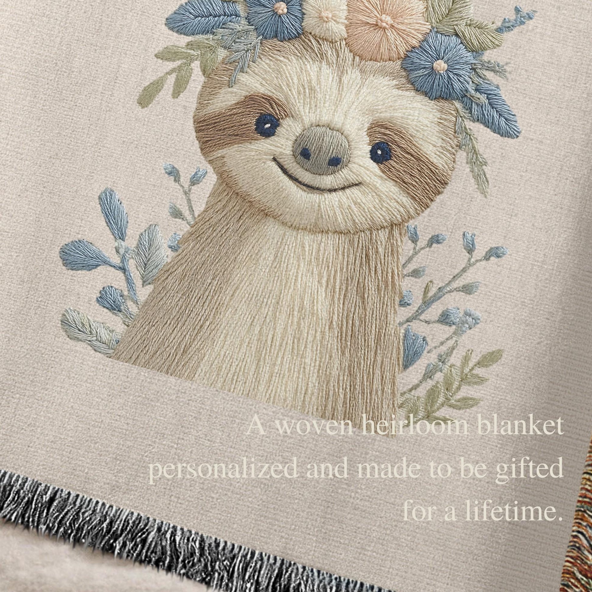 Woven cotton baby blanket with a calm sloth design. Personalized with name, neutral nursery decor and a timeless heirloom newborn gift.