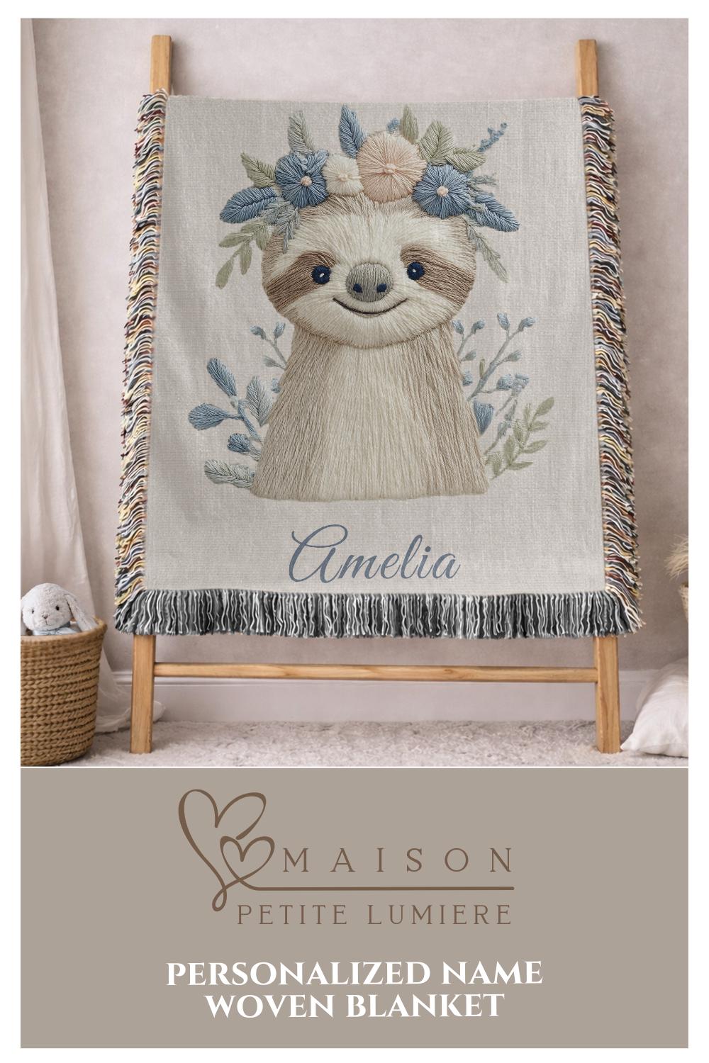 Woven cotton baby blanket with a calm sloth design. Personalized with name, neutral nursery decor and a timeless heirloom newborn gift.