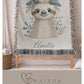 Woven cotton baby blanket with a calm sloth design. Personalized with name, neutral nursery decor and a timeless heirloom newborn gift.